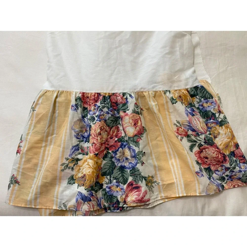 Vtg‎ Twin Bedskirt Floral Shabby Cottage Farmhouse Yellow Stripes Roses Peony